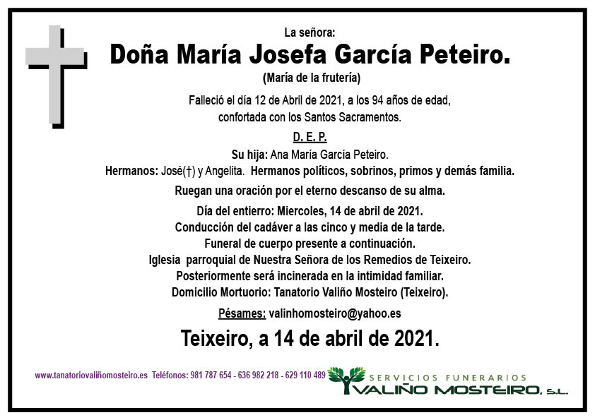 Esquela de María Josefa García Peteiro.